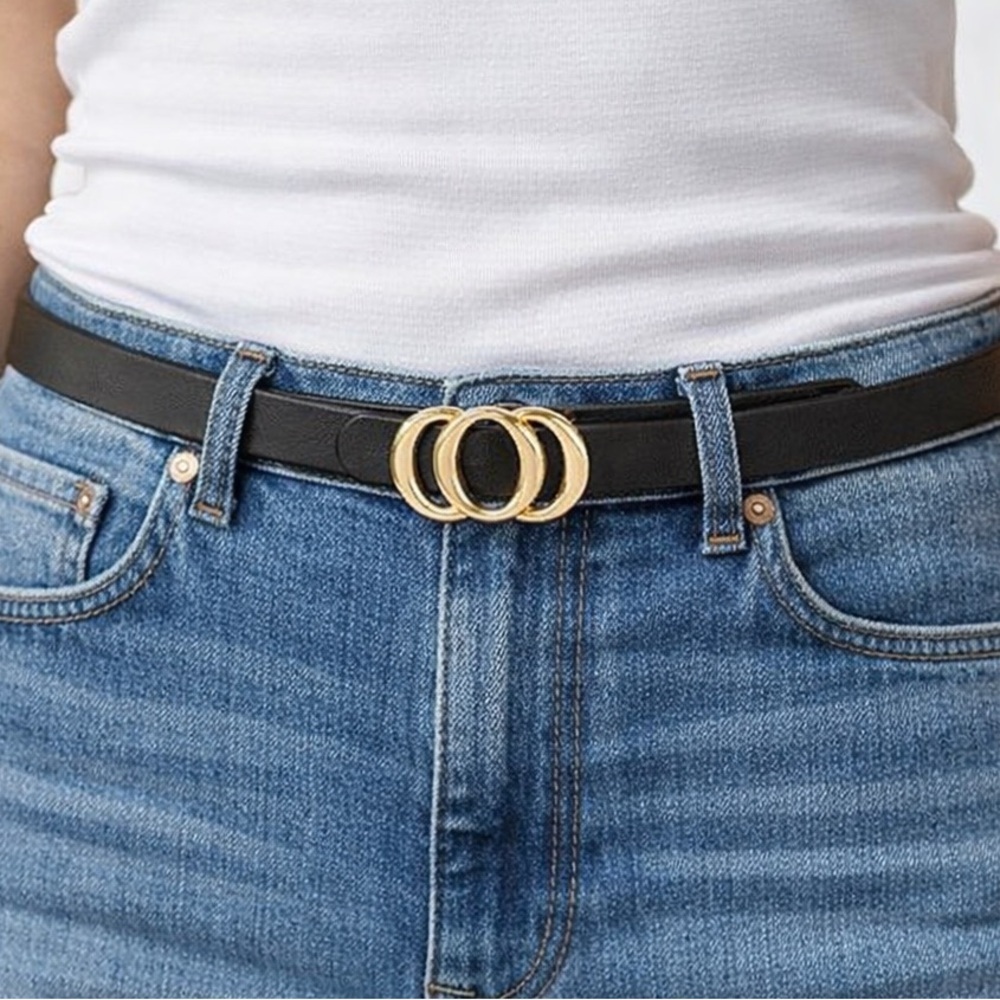 Gold Ring Black Vegan Leather Belt (U414) - Picture 3 of 4
